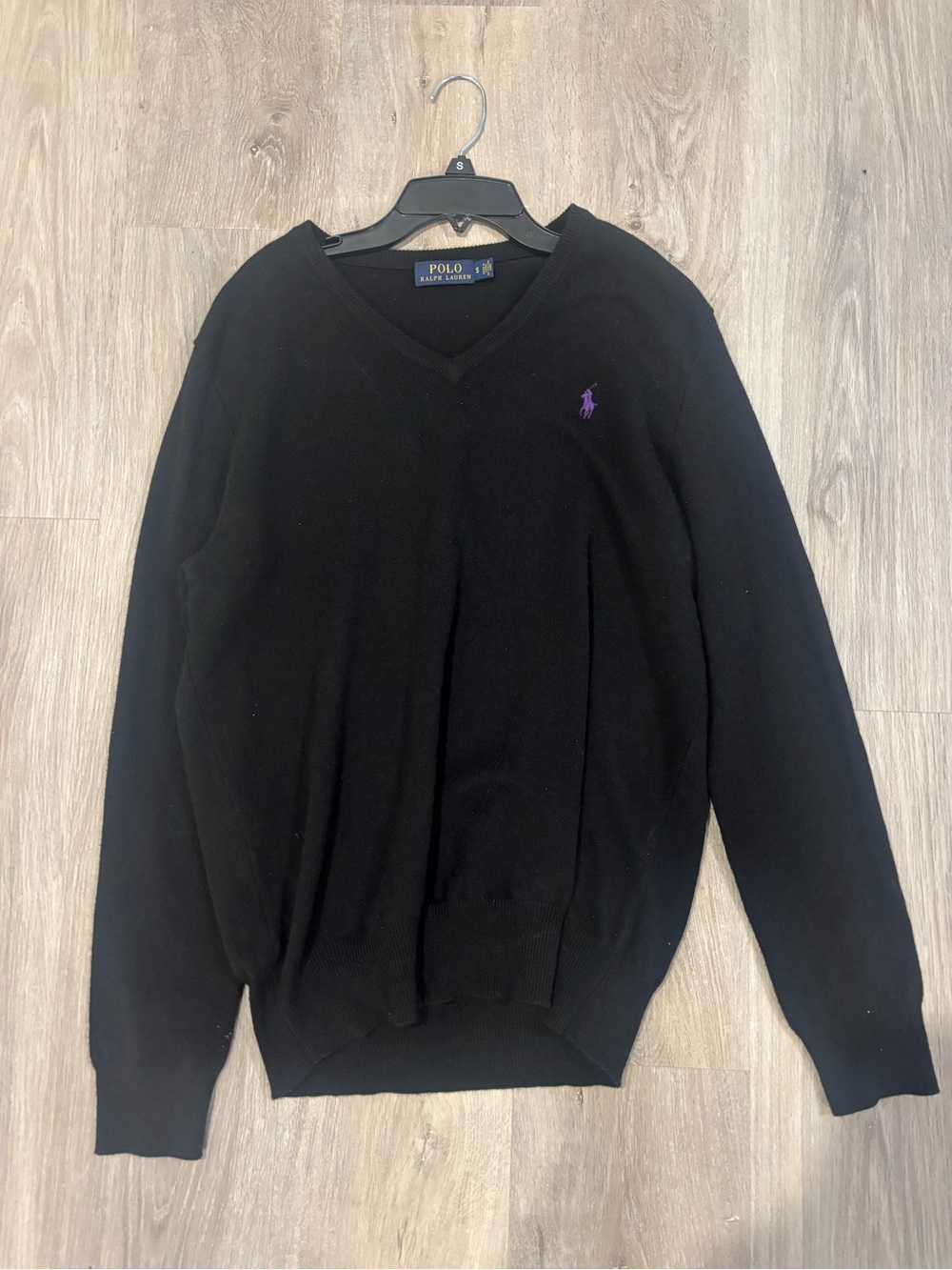 Ralph Lauren Black V-Neck Sweater with Purple Pony